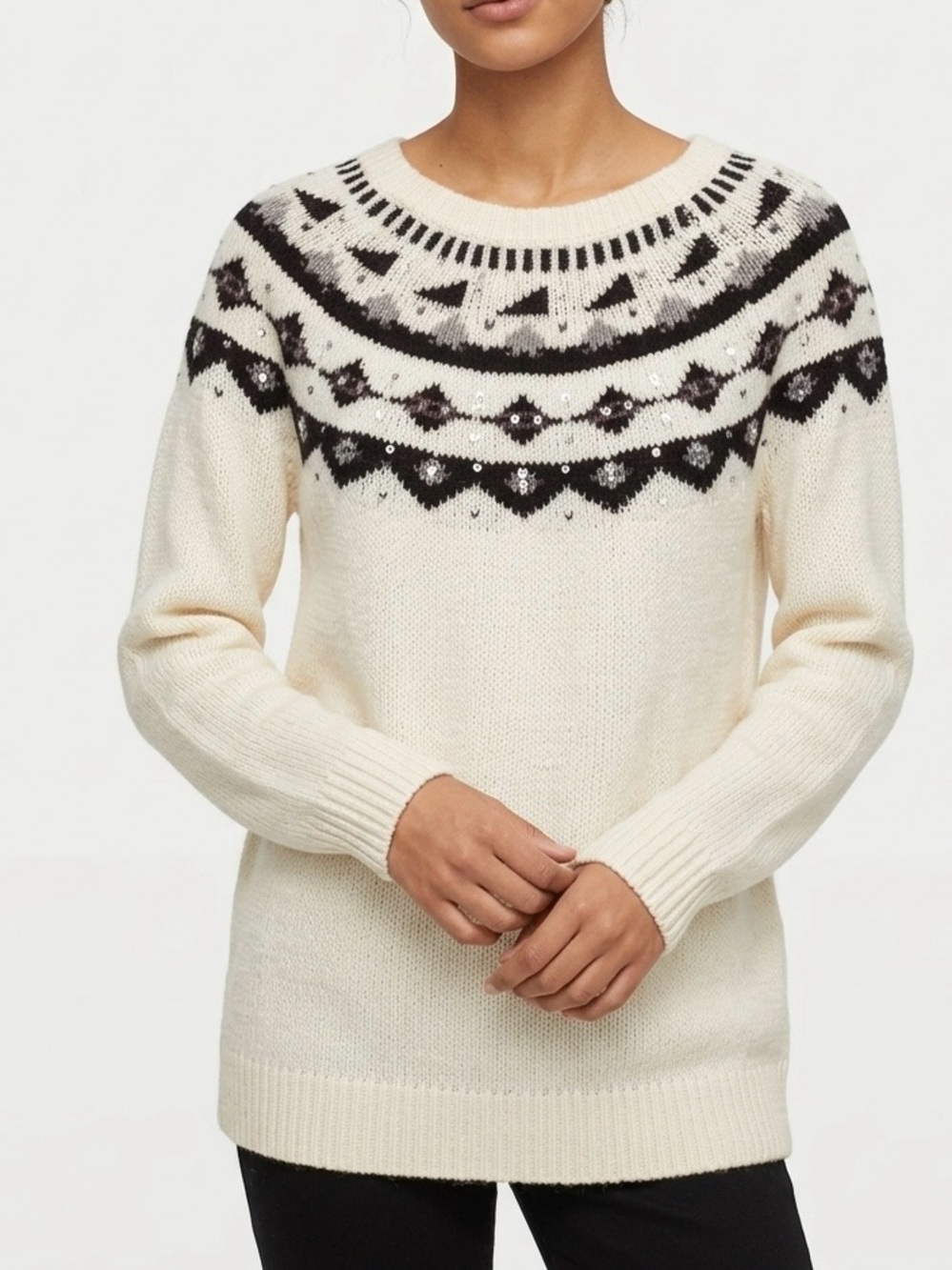LOFT Cream Fair Isle Rhinestone Embellished Sweater S Modern Prep Cozy Cute